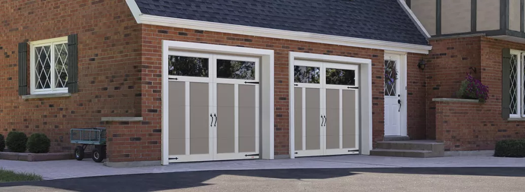 Eastman E-12, 8' x 7', Claystone doors and Ice White overlays, Panoramic Clear windows
